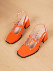 女士时尚 T 型带扣后跟设计粗跟高跟鞋，优雅的日常装扮装饰，漆皮百搭高跟鞋，完美搭配服装 - 橘色 - 查看 6