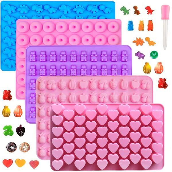 Moldes de silicona para gominolas con formas de frutas, Set de moldes de silicona para hornear con múltiples estilos - Moldes DIY para chocolate, gominolas y postres, donas, osos, dinosaurios y corazones para hacer gominolas, chocolates y gominolas (Cereza, uva, plátano, manzana, piña, dona, dinosaurio en forma de corazón)