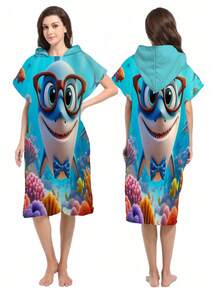 1pc Shark Hooded Poncho Changing Robe, Microfiber Wearable Beach Towel, Suitable For Surfing, Swimming, Bathing, Outdoor Sports, Adult Hooded Towel Cloak Robe - Multicolor - View 25