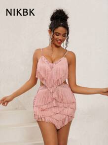 NIKBK 女士粉色舞台及演唱会吊带连体裤，饰有水钻，深V领，挂脖设计，腰部镂空，水钻饰边，流苏下摆，短款派对/夜店修身连衣裙，生日/情人节礼服 - 藕粉色 - 查看 4