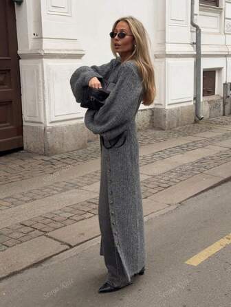 Senya Women's Autumn And Winter New Solid Color Deep V-Neck Lantern Sleeve Front Button Long Knitted Cardigan, Daily Casual Commuter Sweater Top Coat Jacket