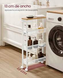 Carro de 4 Niveles, Carro Estrecho de Cocina con Ruedas, con Asa, para Espacio Reducido, 13 x 45,4 x 77/22 x 45,4 x 77/13 x 45,4 x 99,6/22 x 45,4 x 99,6 cm, para Cocina, Baño, Salón,Estudio, Roble Beige y Blanco - Blanco - Ver 2
