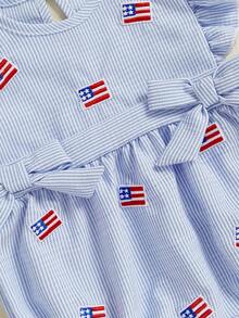 Baby Girl 4th Of July Outfit Embroidered American Flag Bubble Romper Smocked Bodysuit Cute Summer Clothes - Blue - View 6