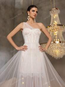 Faeriesty Elegante vestido de novia clásico con escote corazón de un hombro, intrincado corpiño de encaje y falda de tul fluida - Vestido de boda romántico para ceremonias en iglesia, jardín, playa y salón de baile