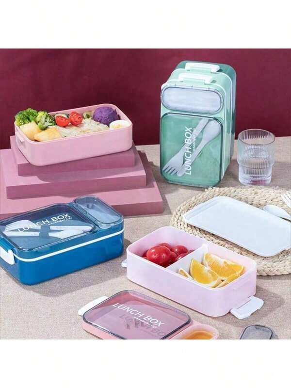 1pc Plastic Student/Office Worker Lunch Box With Sealed Sauce Container, Portable Bento Box With Cutlery,School Supplies