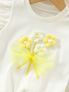2pcs/Set Young Girls Cute 3D Flower Decor Round Neck Short Sleeve Casual Tank Top And Yellow Floral Hem Shorts Set, Summer - White - View 5