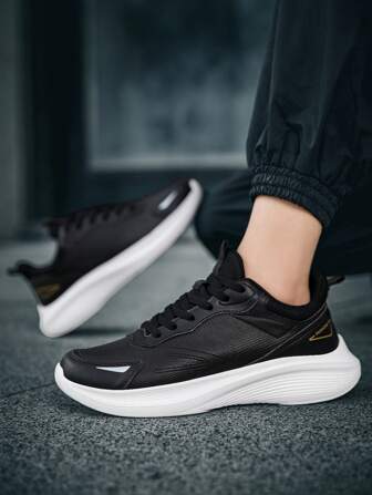 1 Pair Men's Casual Sports Shoes, Leather Upper Athletic Sneakers, Comfortable Soft Sole Running Shoes For Outdoor Leisure, Anti-Slip & Durable