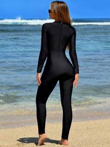 Bikinx Solid Mesh Paneled Long-Sleeved One-Piece Swimsuit For Beach Vocation Summer