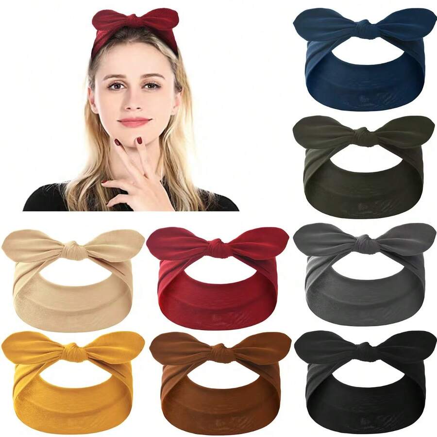 1 件宽女士兔耳头带，可爱甜美纯色女孩发带，弹性打结蝴蝶结装饰发饰头巾头带吸汗带 - 黑與白 - 查看 1