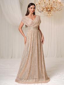 YISIKADO 女士正式派对礼服，优雅闪亮双 V 领褶饰晚礼服