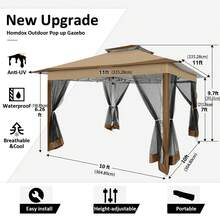 SANOPY Garden Gazebo 3x3 Waterproof Stable Winterproof, 3.65x3.65m Pop Up Gazebo With Mosquito Net, Double Roof Foldable Gazebo, Folding Gazebo With Sandbag For Backyard, Lawn - 棕色 - 查看 2