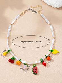 1 pieza Conjunto de collar bohemio de verano con perlas falsas, colgantes de fruta de vidrio, estrella de mar, concha, coral y sol, collar con colgante de cereza de vidrio, apilables para mujer, apropiados para playa, viaje, vacaciones (hecho a mano, colores y formas son aleatorios)