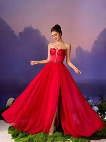 Vestido de gala de línea A sin mangas de gasa rojo minimalista, vestido de graduación para mujer, vestido de fiesta formal, vestido de noche de lujo, vestido de fiesta, vestido de invitada de boda