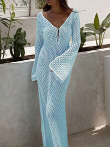 Crochet V-Neck Backless Ruched Waist Fitted Dress, Suitable For Holiday Wear, Fashionable And Elegant, Sexy And Minimalist, Solid Color Casual Knit Maxi Dress, Suitable For Beach, Halloween Costume, White Swimsuit, Autumn Fashion, Valentine's Day, New Year, Year-End, Christmas Party And Other Occasions. - Baby Blue - View 8