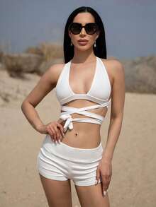 Carolina Barros Ensemble tenue d'été Y2K, tenue de concert country, Top bustier sexy dos nu et mini-shorts ajustés taille basse, ensemble - Blanc - Voir 3