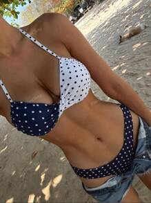 Set di bikini da donna con triangolo sexy apertura sul retro, in bianco e nero a pois, casual, adatto per spiaggia e vacanza