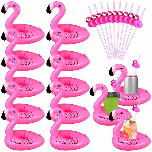 2/4/6/10 Peças Suporte Inflável para Bebida em Formato de Flamingo a Granel, Flutuadores de Flamingo com Canudos, Flutuadores para Bebida, Porta-copos Inflável, Porta-copos de Flamingo para Festas de Verão, Havaí, Aniversário, Casamento, Praia e Piscina