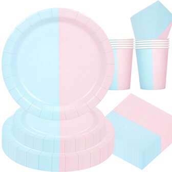 50件/80件粉色和蓝色性别揭秘派对用品一次性纸盘餐巾杯餐具套装适用于婚礼生日派对装饰