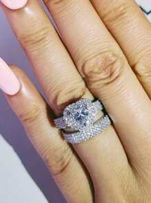 2 peças/Conjunto de Anéis Joias para Mulheres, Pavimentado Completamente com Brilhante Coração de Pedra CZ, Acessórios de Moda para Dedos, Anéis de Noivado