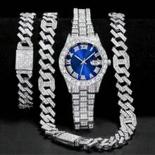 Conjunto de 3 piezas de reloj, collar y pulsera con Rhinestone, Reloj con correa de acero, calendario y caja de regalo para hombres y estudiantes, estilo hip-hop, conjunto de joyería de collar, pulsera y reloj de cumpleaños