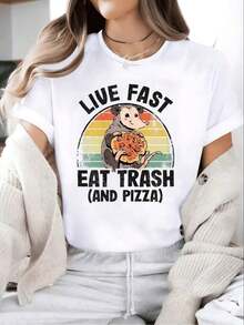 Live Fast Eat Trash And Pizza Lover Opossum Possum Crew Neck Short Sleeve T-Shirt, Casual Print Graphic Cotton Tees Women Tops238 Round Neck Print, Summer Short Sleeves Vintage High Quality Cotton - White - View 1