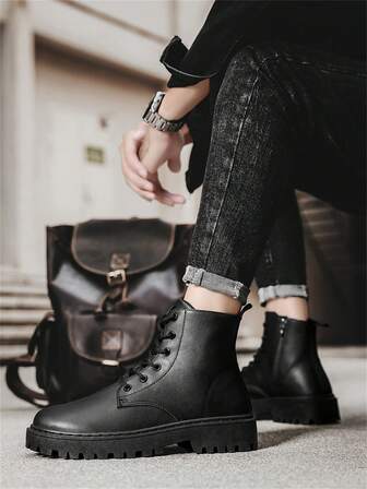 New Side Zip Up Boots For Men, High-Top Casual Fashion Ankle Boots, Vintage British Style Autumn & Spring Leather Shoes, Increasing Height, Black