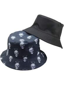 Sombrero de cubo reversible con estampado de cráneo de gato negro, unisex, adecuado para uso diario, disfraz de Halloween, vacaciones en pareja, protección solar