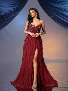 QOQ Fairy Style Women Formal Dress Romantic Evening Gown For Wedding Events, Cocktail Party, Charity Balls Pure Color Backless Sequined Mesh Dress Ballgown