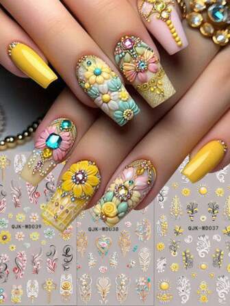 3 Pieces Of Bohemian Pattern Sunflower Relief Nail Art Stickers - Yellow, Blue, Black, And White Bohemian Fresh Hollow Patterns, Vines, Heart-Shaped Flowers, Roses, And Sunflower Art Designs, 5d Relief Technology, Suitable For Women's Disposable Self-Adhesive Back Adhesive Nail Art Stickers, Bohemian Pattern Theme Style, Easy To Stick Nail Decoration Stickers