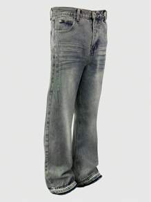 Blugi minimalisti de înaltă calitate pentru bărbați, spălați cu apă, cu mustăți de pisică și margini brute, pantaloni casual cu picior mic și drept, potriviți pentru toate anotimpurile