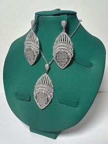 2pcs Copper Cubic Zirconia Leaf Design Gold Necklace And Earrings Jewelry Set, Copper With Zirconia Stone, Suitable For Women's Daily, Evening Party, Girlfriend Gift - Gold - View 4