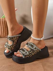 Plus Size Women's Leopard Print Fashion Buckle Casual Chunky Heel Thick Bottom Sandals, Suitable For Beach, Resort, Office, Outdoor, Summer - Gold Leopard - View 3