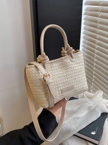 Bolso de paja mini para playa y vacaciones, bolso de hombro y de cesta tejida con nudo, bolso de compras de vacaciones elegante para damas y niñas