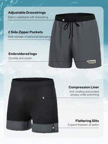 TURLAT 2 In 1 Mens Swim Trunks Quick Dry Beach Board Shorts With Drawstring And Zipper Pockets Comfy Summer - Grey - View 3