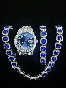 Conjunto de 3 piezas de reloj, collar y pulsera con Rhinestone, Reloj con correa de acero, calendario y caja de regalo para hombres y estudiantes, estilo hip-hop, conjunto de joyería de collar, pulsera y reloj de cumpleaños