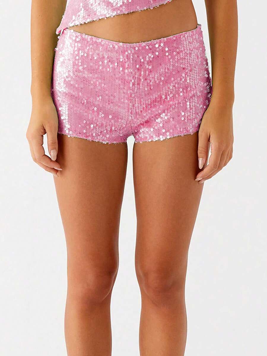 Sequins Shorts For Women Sequin Sparkle Elastic High Waist A Line Party Concert Shorts - Pink - View 1