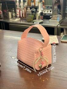 1pc Pink Floral Woven Pattern Handbag, Portable Cosmetic Organizer Pouch (No Pendant)