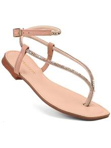 BERALLUTY WOMEN'S FLAT SANDAL WITH STRASS AND GLITTER, COMFORTABLE - 乾枯玫瑰色 - 查看 3