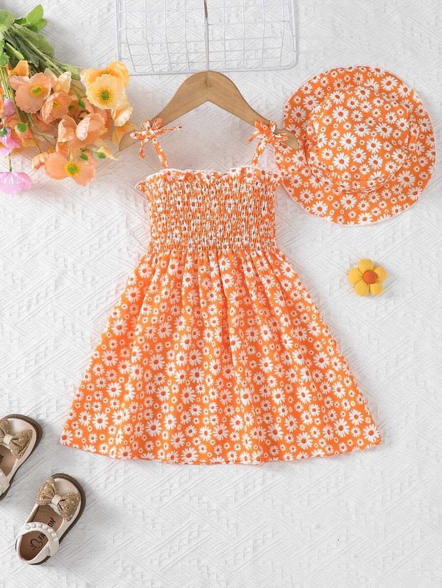 MommBaby Mommbabay Summer Infant & Toddler Girls Bowknot Strap Dress, Children Cute Sleeveless Daisy Floral Fashion Sundress With Hat - Orange - View 1