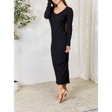 Local Shipping-Long Sleeve Midi Slit Dress,Full Size Ribbed - Black - View 4