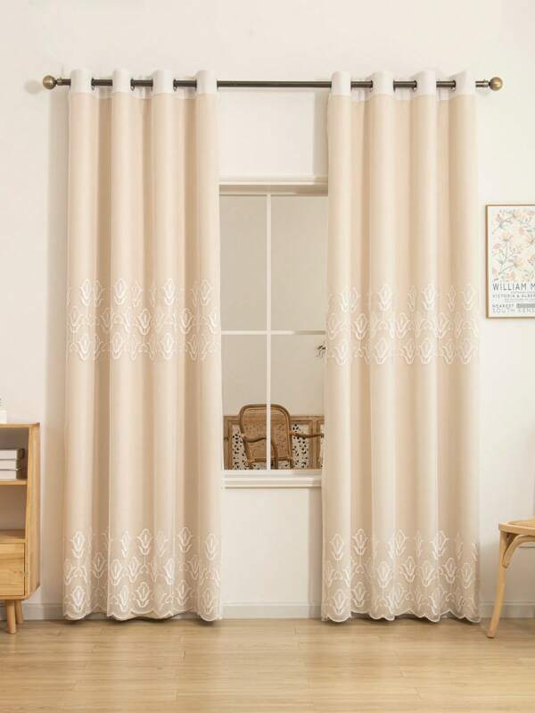4pcs Embroidered Blackout & Sheer Curtain Set, 2pcs Solid Blackout Curtains + 2pcs Embroidered Sheer Panels, Room Darkening, Thermal Insulated, For Living Room, Bedroom, Dining Room