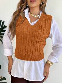 V-Neck Braided Knit Sweater Vest - Rust - View 1