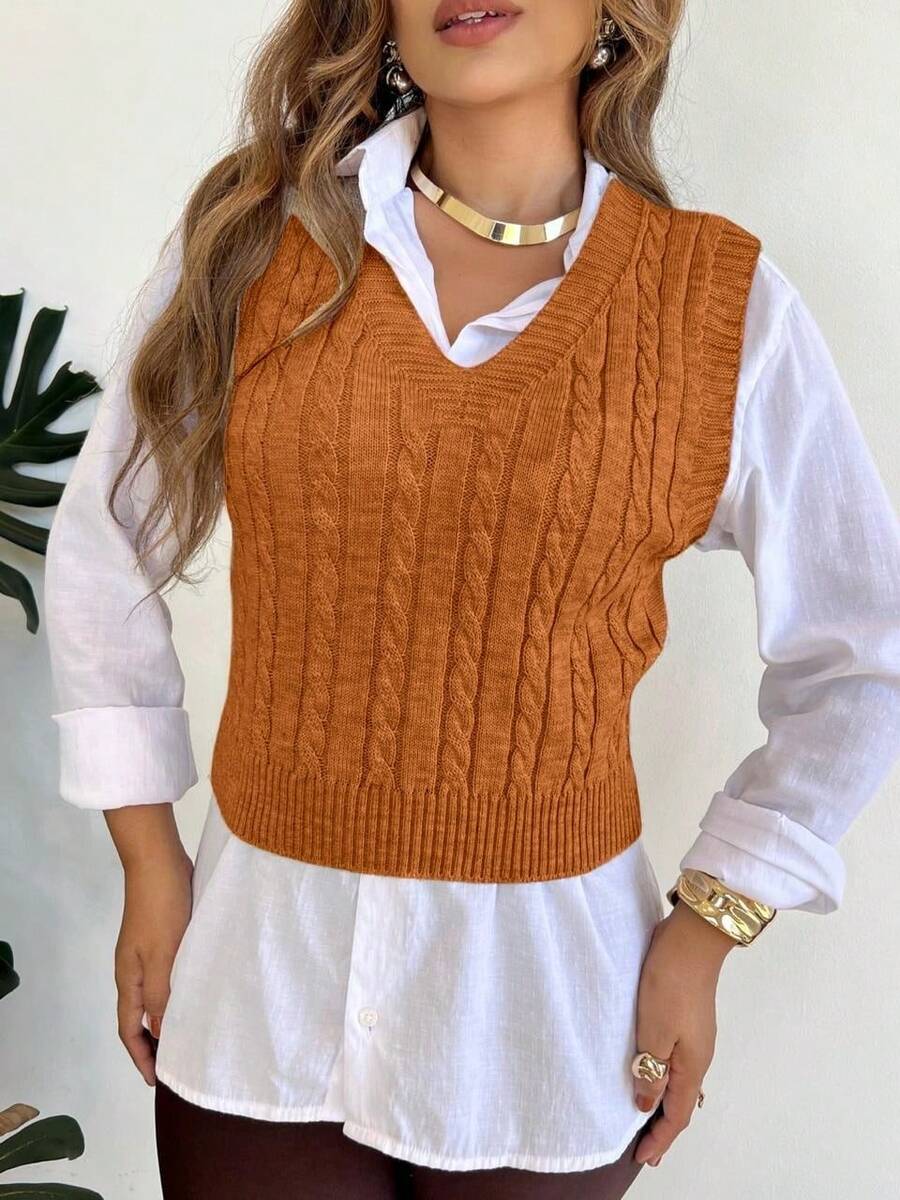 V-Neck Braided Knit Sweater Vest - Rust - View 1