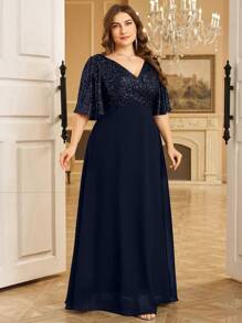 Elisanya Plus Size Elegant V-Neck Ruched Sleeve Front Ruched Sequin Splice Chiffon Flounce Dress Party Dress Wedding Guest Dress Formal Dress Evening Dress, Bride Dress, Birthday Women Outfits, Graduation Dress, Gown