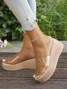 2026夏季新款时尚厚底水晶设计坡跟凉鞋，适合青少年，用途广泛，可用于度假、旅行、海滩、日常穿着、约会（尺码偏小）