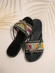 Damskie losowo drukowane retro boho haftowane koralikowe klapki, modne wakacje na plaży impreza w pomieszczeniach swobodne, wiosna/lato