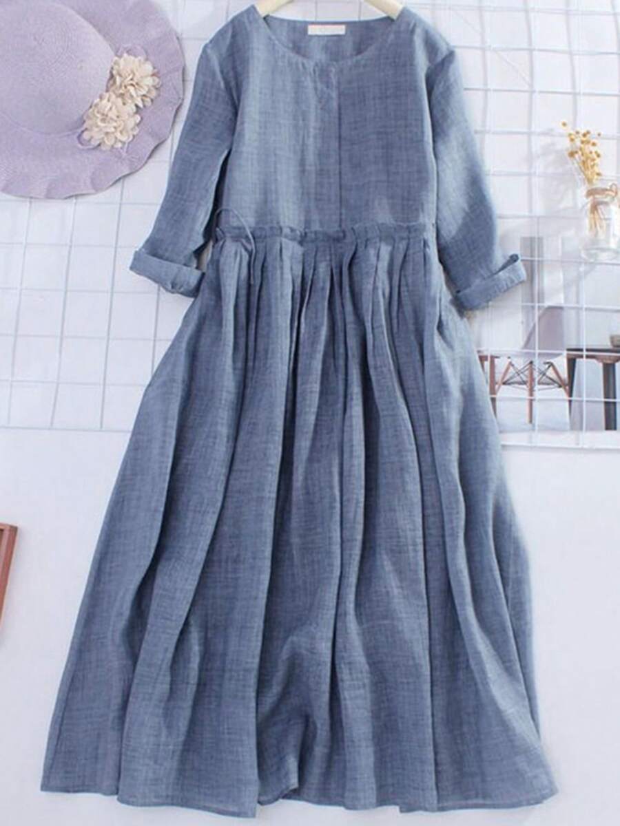Women Summer Long Beach Dress 3/4 Sleeve Solid Color Round Neck Drawstring Waistband Vacation Dress - 藍色 - 查看 1