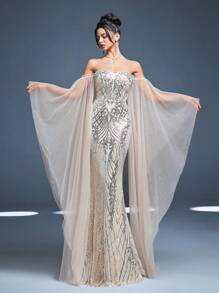 Off Shoulder Ruffle Layered Butterfly Sleeve Patchwork Sequin Fitted Mermaid Maxi Dress