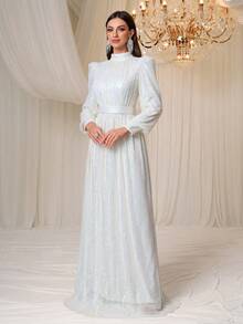 YISIKADO Đầm Maxi Dạ Hội Lấp Lánh Tay Dài Cổ Đứng Cho Nữ - trắng - Xem 6