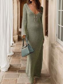 Spring-Summer Crocheted V-Neck Backless Ruched Waist Bodycon Dress For Holiday,Beach Vacation
